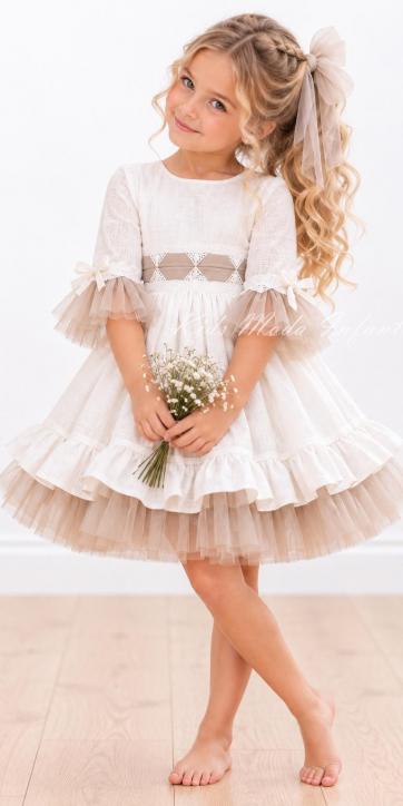 Vestido de Ceremonia Niña Blanco con Tul y Fajín Camel – Nekenia 2621831 [2]