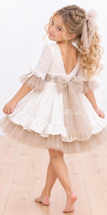 Vestido de Ceremonia Niña Blanco con Tul y Fajín Camel – Nekenia 2621831 [0]