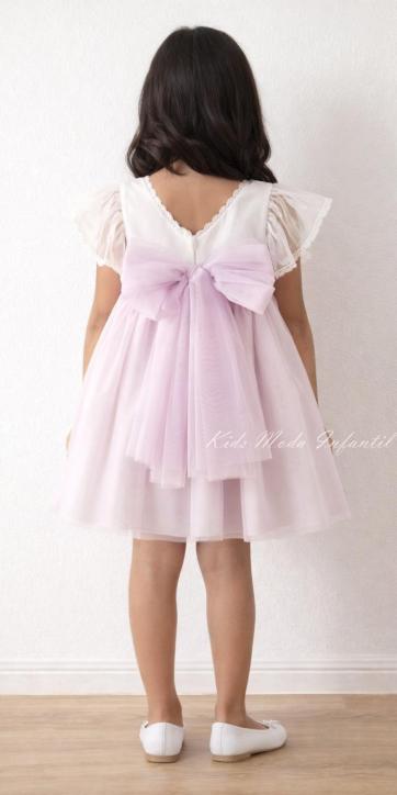Vestido ceremonia niña blanco manga murciélago con fajín lila de Eva Martínez Artesanía 38112CBG