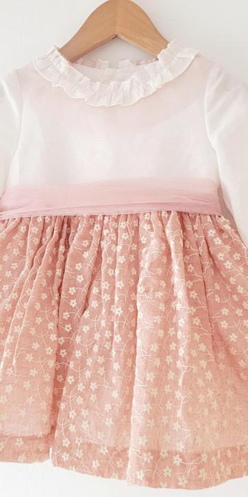 Vestido ceremonia niña media manga blanco con fajín tul rosa empolvado Kids Moda Infantil