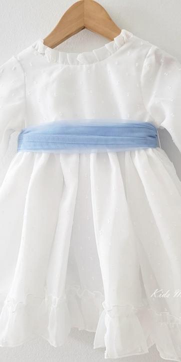 Vestido arras niña manga larga plumeti cristal y fajín tul azul 32111ML [2]
