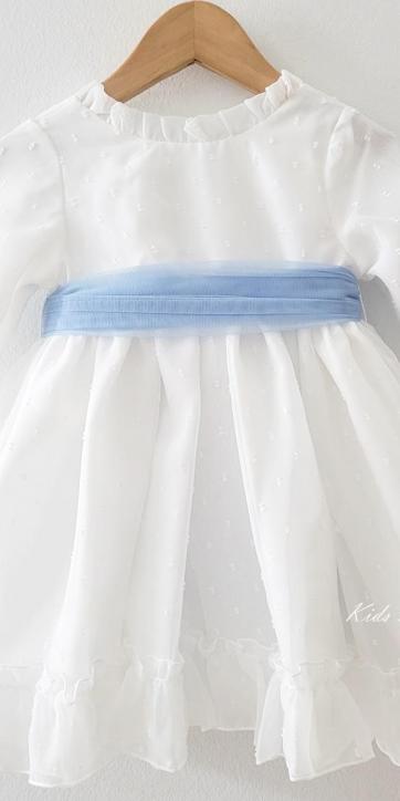 Vestido arras niña manga larga plumeti cristal y fajín tul azul 32111ML [0]