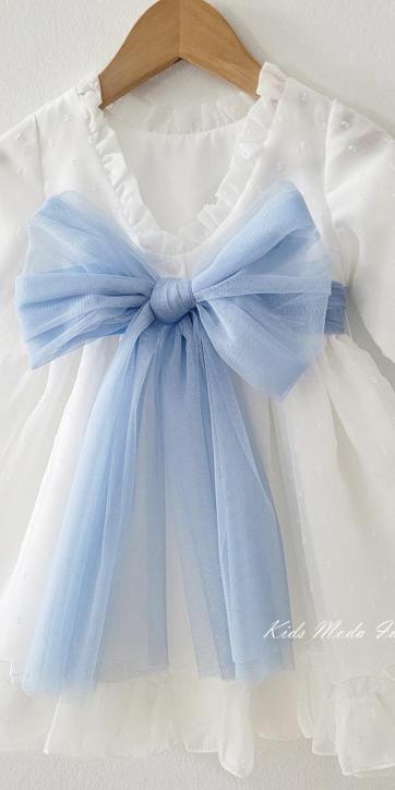 Vestido arras niña manga larga plumeti cristal y fajín tul azul 32111ML [1]