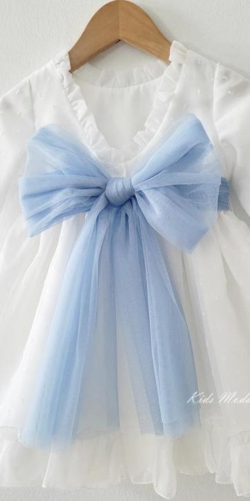 Vestido arras niña manga larga plumeti cristal y fajín tul azul 32111ML [3]