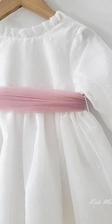 Vestido ceremonia niña manga larga plumeti cristal y fajín rosa empolvado 32111ML [4]