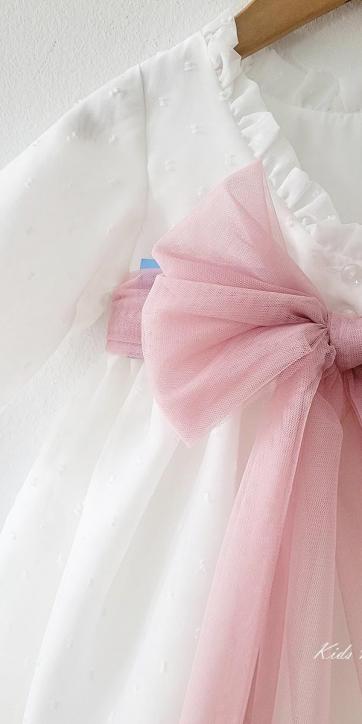 Vestido ceremonia niña manga larga plumeti cristal y fajín rosa empolvado 32111ML [7]