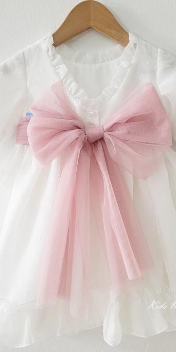 Vestido ceremonia niña manga larga plumeti cristal y fajín rosa empolvado 32111ML [1]