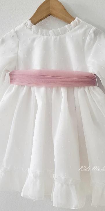 Vestido ceremonia niña manga larga plumeti cristal y fajín rosa empolvado 32111ML [2]