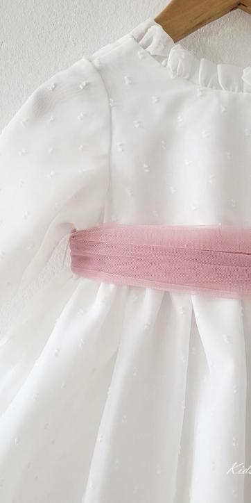 Vestido ceremonia niña manga larga plumeti cristal y fajín rosa empolvado 32111ML [6]