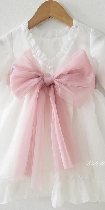 Vestido ceremonia niña manga larga plumeti cristal y fajín rosa empolvado 32111ML [5]