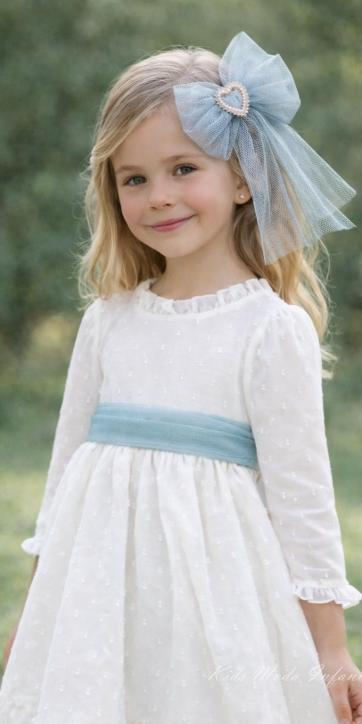 Vestido arras niña manga larga plumeti cristal y fajín verde empolvado 32111ML [5]