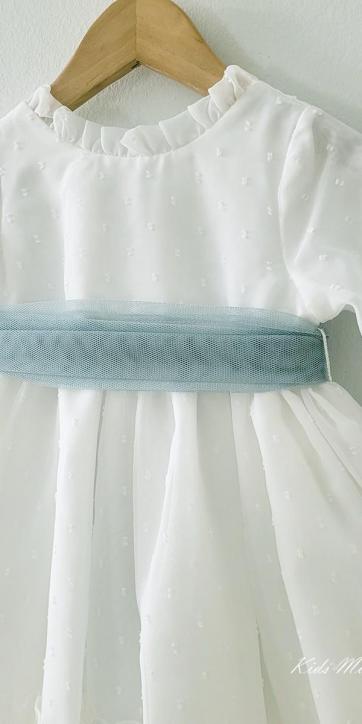 Vestido arras niña manga larga plumeti cristal y fajín verde empolvado 32111ML [6]