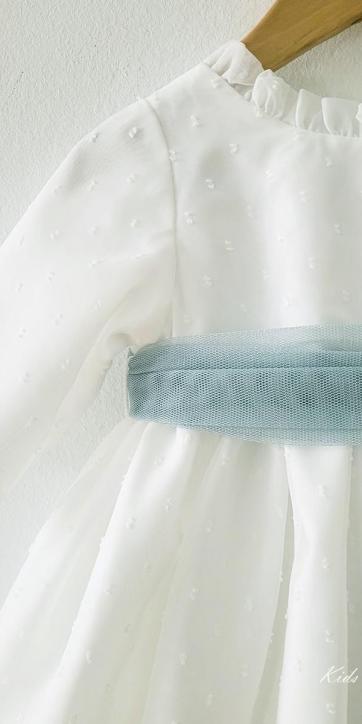 Vestido arras niña manga larga plumeti cristal y fajín verde empolvado 32111ML [2]