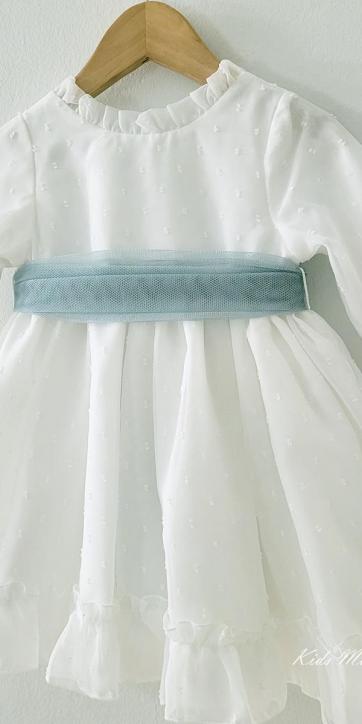 Vestido arras niña manga larga plumeti cristal y fajín verde empolvado 32111ML [4]