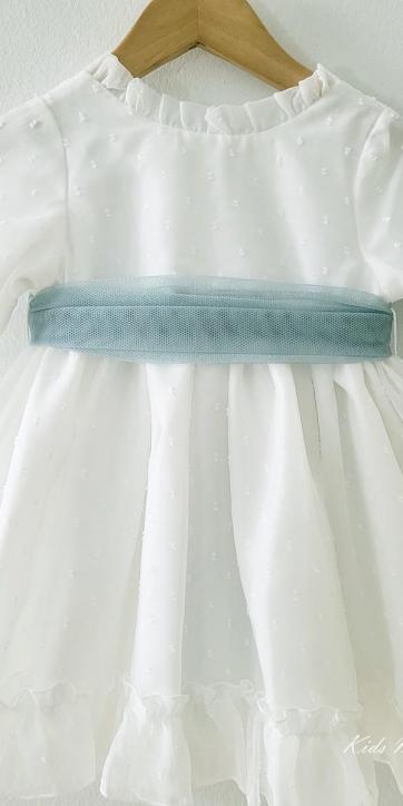 Vestido arras niña manga larga plumeti cristal y fajín verde empolvado 32111ML [0]