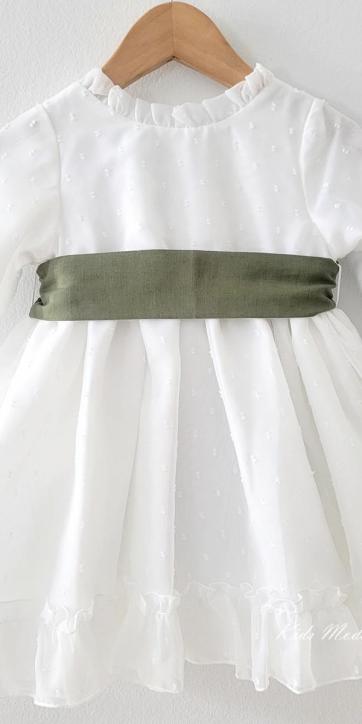 Vestido arras niña manga larga plumeti cristal y fajín lino verde oliva 32111ML [1]