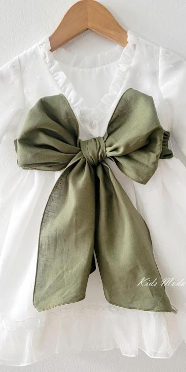 Vestido arras niña manga larga plumeti cristal y fajín lino verde oliva 32111ML [4]