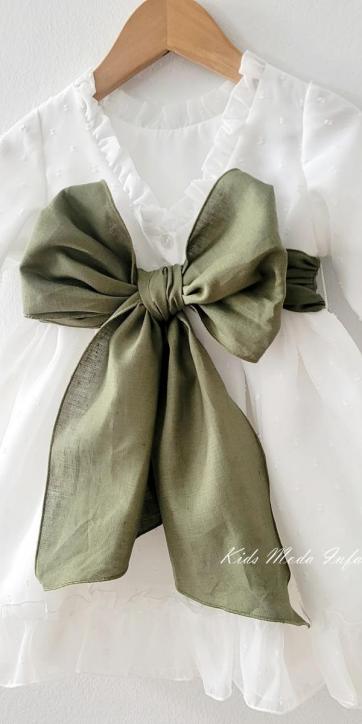 Vestido arras niña manga larga plumeti cristal y fajín lino verde oliva 32111ML [2]