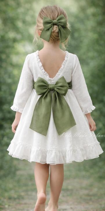 Vestido ceremonia arras niña manga larga plumeti cristal y fajín lino verde oliva 32111ML [2]