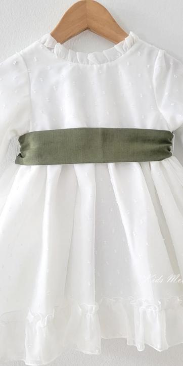 Vestido arras niña manga larga plumeti cristal y fajín lino verde oliva 32111ML [6]