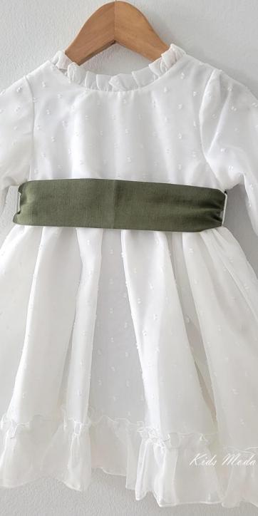 Vestido arras niña manga larga plumeti cristal y fajín lino verde oliva 32111ML [3]