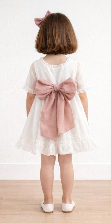 Vestido arras niña plumeti cristal con fajín lino rosa empolvado Eva Martinez Artesanía 32111