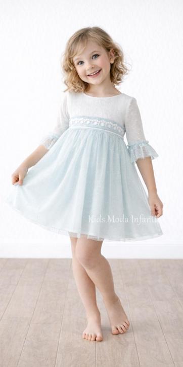 Vestido ceremonia niña manga francesa blanco roto y tul verde agua Basmarti | Kids Moda Infantil