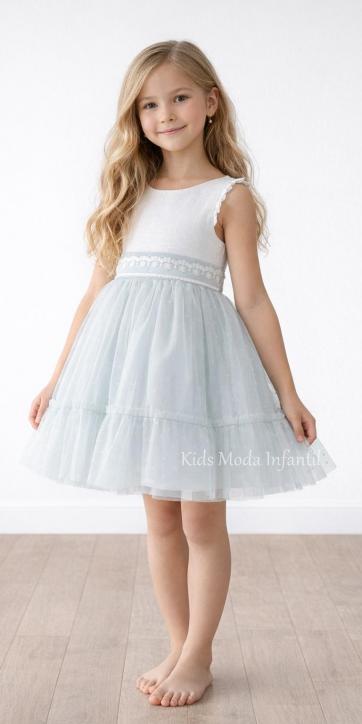 Vestido ceremonia y arras niña blanco roto con tul verde agua Basmarti | Kids Moda Infantil [0]