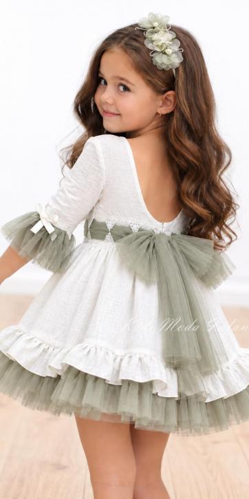 Vestido Ceremonia y Arras Niña Blanco roro con Fajín de Tul Verde Oliva – Nekenia 2621831 [1]