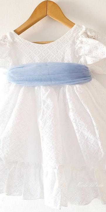 Vestido ceremonia niña blanco bordado con fajín tul azul celeste Nekenia 2521802 Personalizable [1]