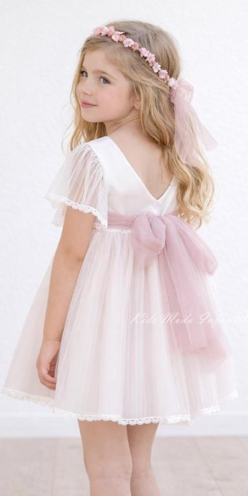 Vestido Ceremonia y Arras Niña Manga Corta de Tul Rosa Empolvado – Eva Martínez Artesanía Familia 6 [5]