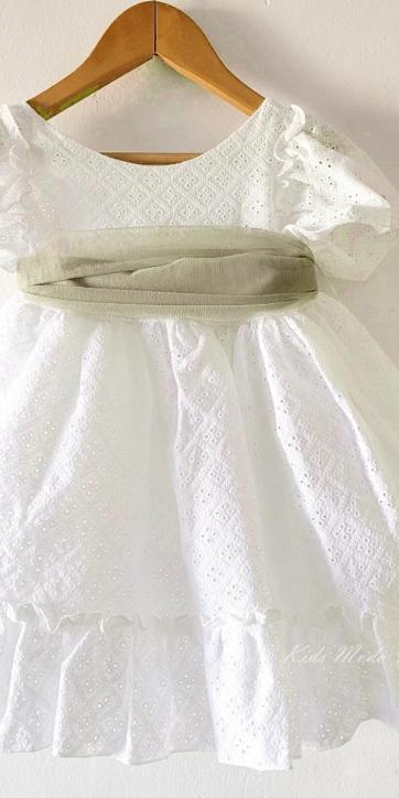 Vestido ceremonia niña blanco bordado con fajín tul verde oliva Nekenia 2521802 Personalizable
