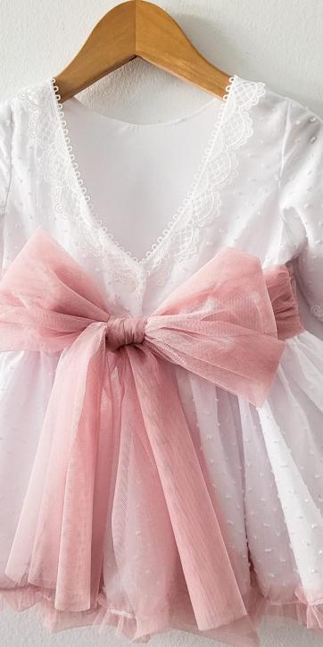 Vestido niña arras y ceremonia de media manga plumeti blanco con fajín tul rosa empolvado Eva Martínez Artesanía [1]