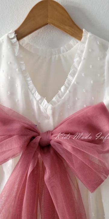 Vestido ceremonia niña plumeti cristal con fajín rosa fuerte Eva Martinez Artesanía [6]