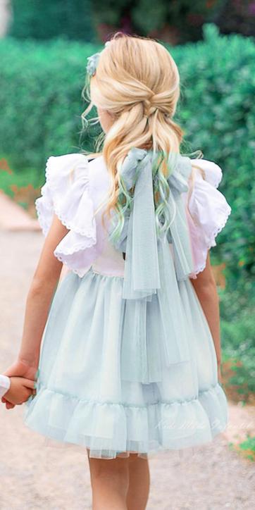 Vestido ceremonia niña volantes lino y tul verde agua Coco Acqua Ceremonia 60431