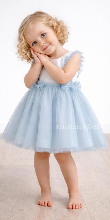 Vestido ceremonia bebé encaje blanco y tul azul empolvado Basmarti [0]