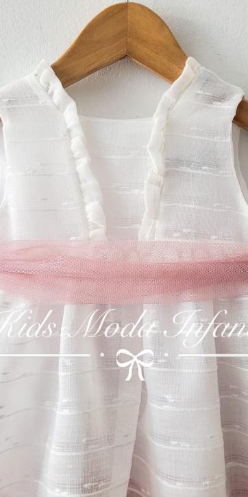 Vestido arras bebe blanco con fajín tul rosa empolvado Basmartí [3]