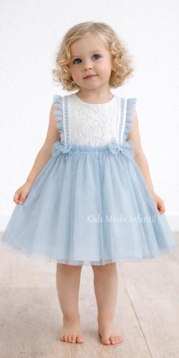 Vestido ceremonia bebé encaje blanco y tul azul empolvado Basmarti [1]