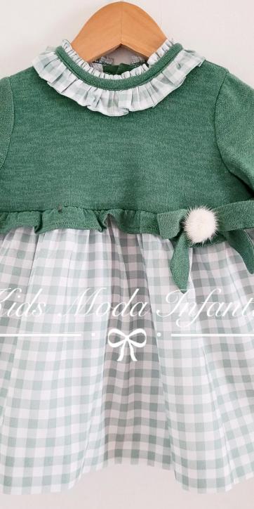 Vestido bebe niña de punto verde y falda cuadros vichy de Cuka [2]
