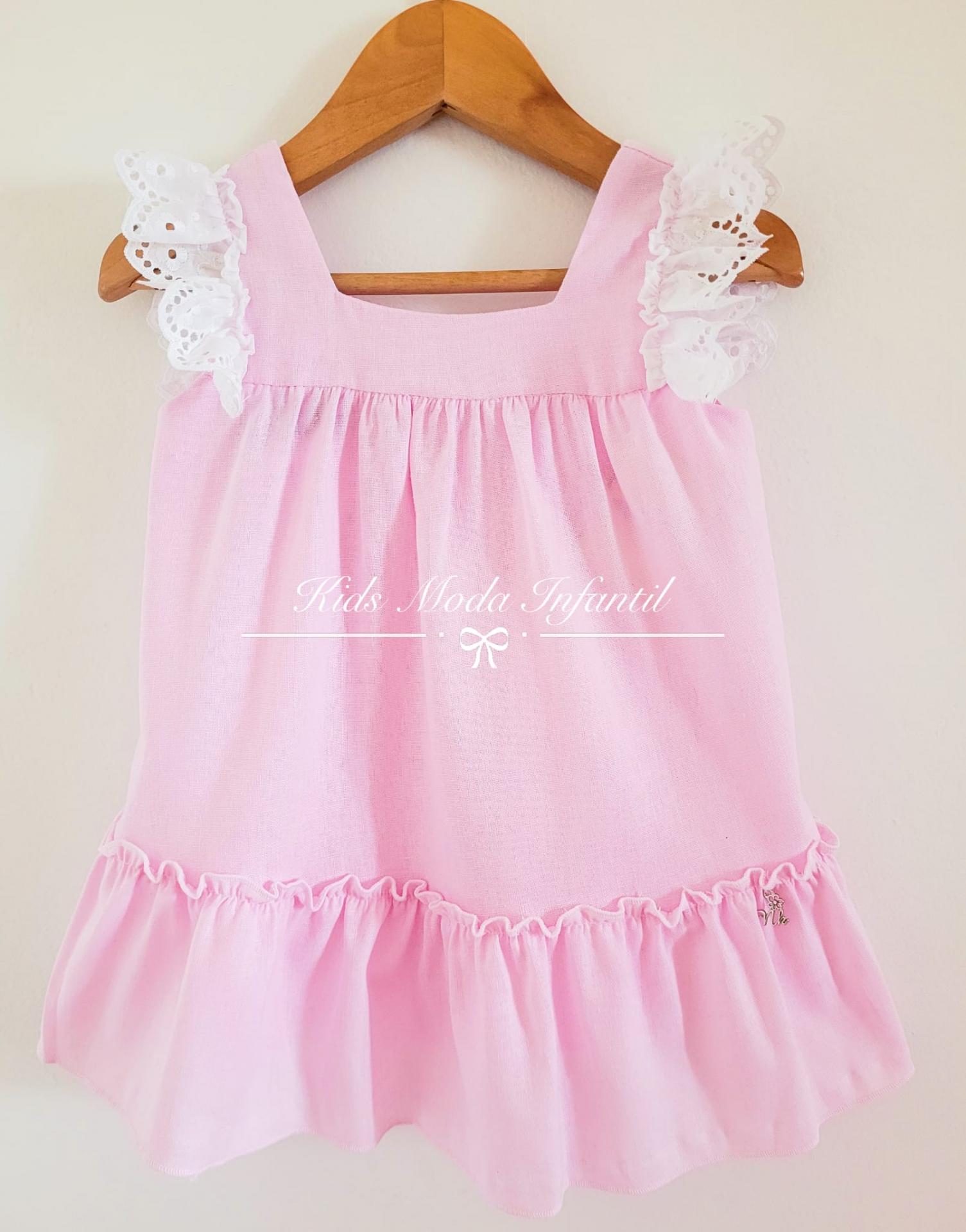 Vestido bebe niña lino rosa con puntilla Nekenia