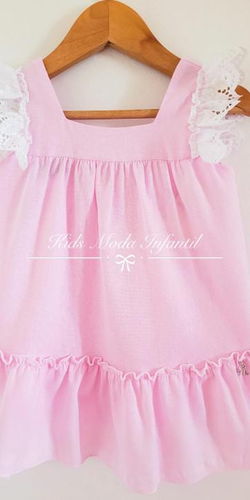 Vestido bebe niña lino rosa con puntilla Nekenia [1]