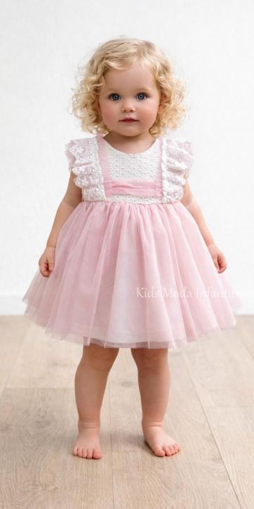 Vestido ceremonia niña beige con tul rosa empolvado y lazo Basmarti Alba [0]