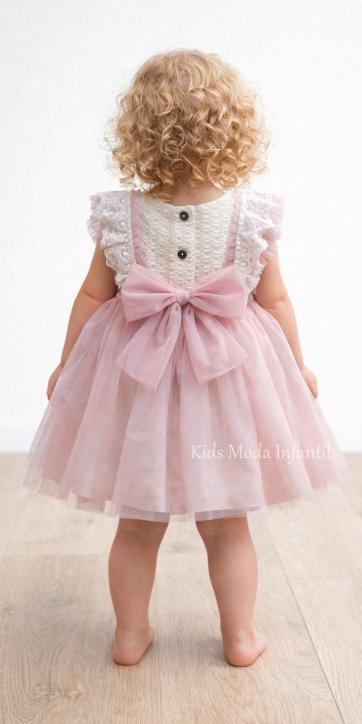 Vestido ceremonia niña beige con tul rosa empolvado y lazo Basmarti Alba [1]