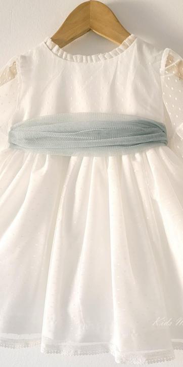 Vestido ceremonia bebe tul topo con fajín verde empolvado Coco Acqua Ceremonia 60443