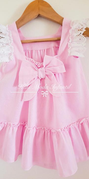 Vestido bebe niña lino rosa con puntilla Nekenia [3]