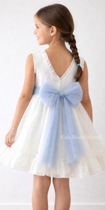 Vestido ceremonia niña plumeti cristal con fajín tul azul Eva Martínez Artesanía