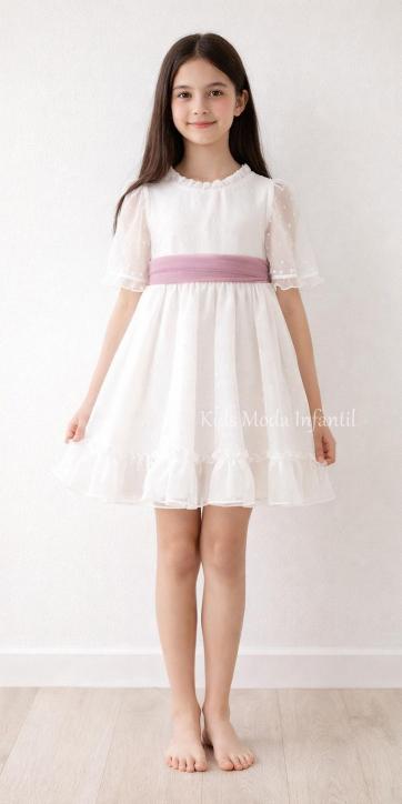 Vestido ceremonia niña plumeti cristal con fajín rosa lila Eva Martínez Artesanía 32111