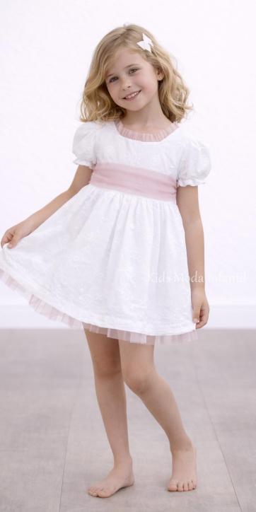 Vestido ceremonia y arras niña blanco bordado con fajín tul rosa empolvado – DBB Collection | Kids Moda Infantil [0]