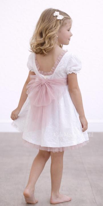 Vestido ceremonia y arras niña blanco bordado con fajín tul rosa empolvado – DBB Collection | Kids Moda Infantil [1]