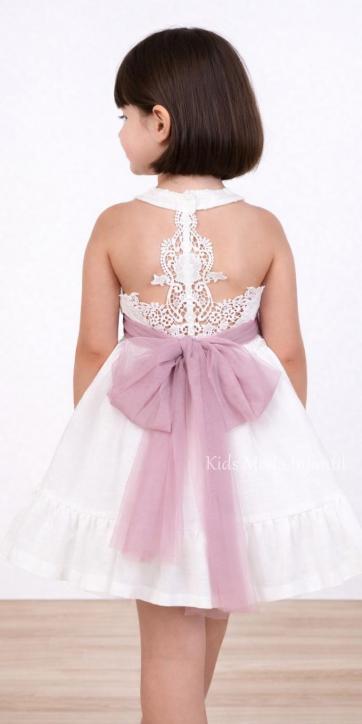 Vestido ceremonia y arras niña blanco con fajín rosa empolvado y espalda de encaje – Nekenia 2621812